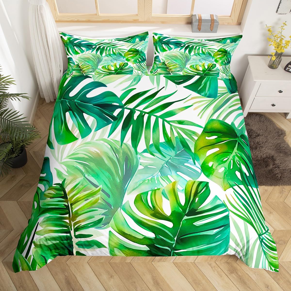 Summer Leaves 100% Nature Cotton Duvet Cover Twin Size,Tropical Palm Leaves Botanic Plants Super Soft Bedding Set,Seaside Camping Green Leaves Comforter Cover Bedding 2 Piece (No Comforter)