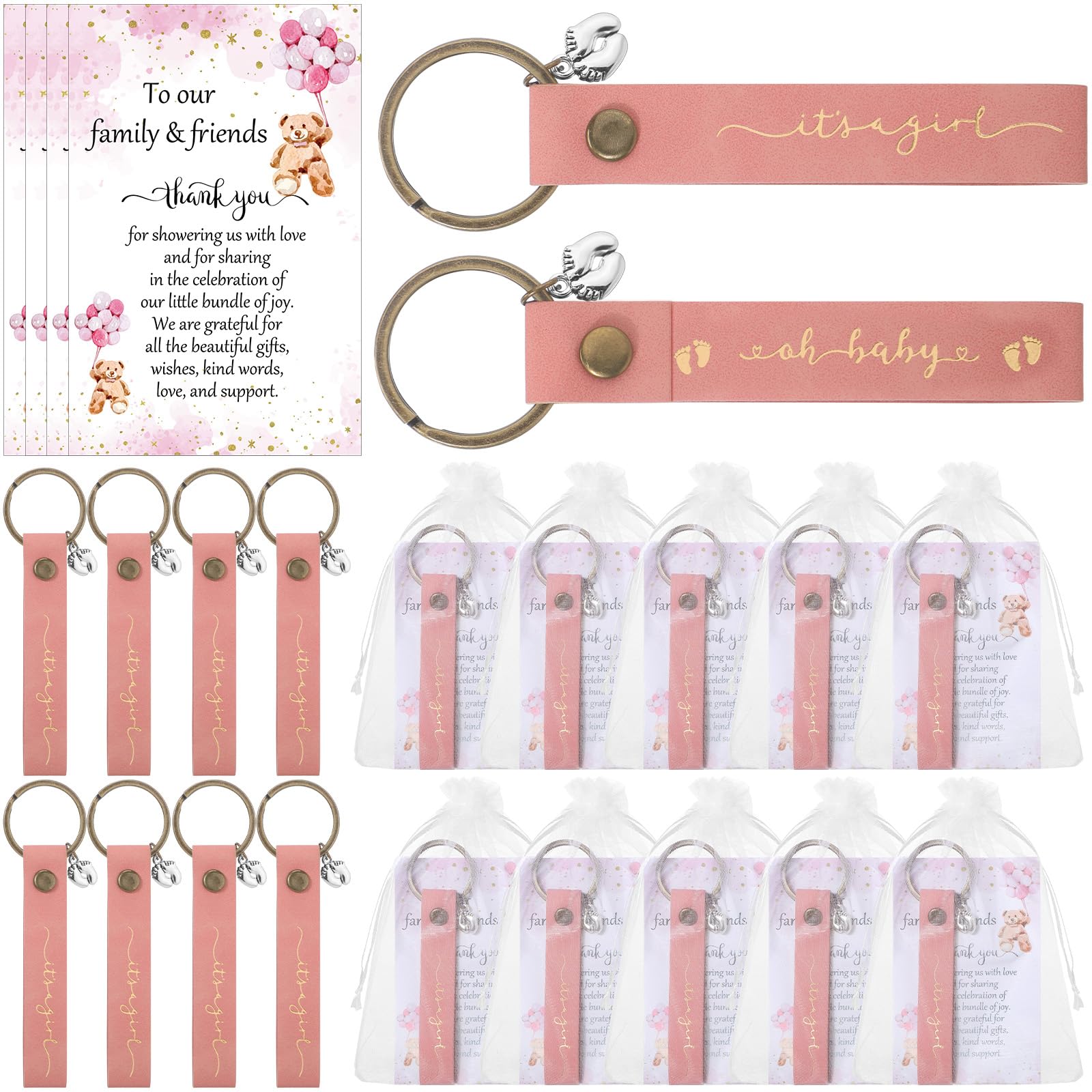 Ecally 50 Sets Baby Shower Favors for Guests PU Leather Keychain Bear Thank You Cards Organza Bags Gender Reveal Gifts (Pink, Girl Style)