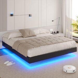 dictac california king floating bed frame with led lights faux leather upholstered cal king size platform bed frame no headboard california king led bed no box spring needed,easy to assemble,black