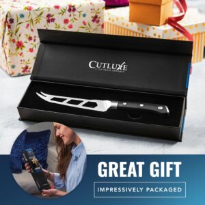 Cutluxe Cheese Knife – 5" Cheese Knife Slicer for Soft and Hard Cheese – Pronged, Serrated & Non Stick Blade – High Carbon German Steel, Full Tang & Ergonomic Handle Design – Artisan Series