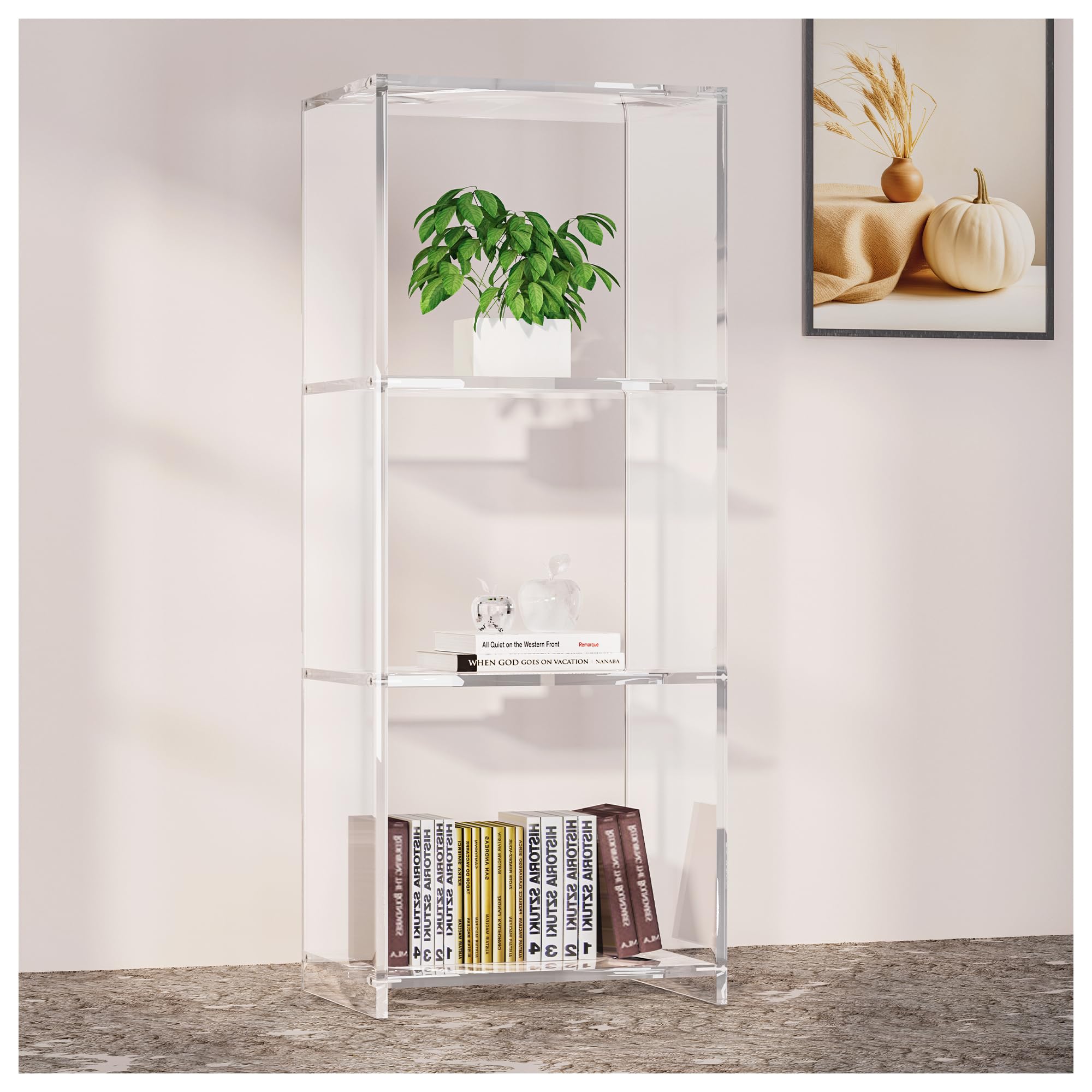 GOJLEX Clear Acrylic Bookcase, 3-Tier Floor Standing Bookshelf, 31.5” Sturdy Display Cube Storage Organizer High Transparency Open Book Shelf for Office, Living Room, Bedroom (11.85”L*9.1”W*31.5”H)