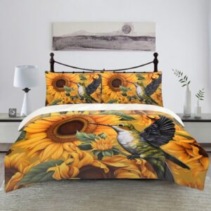 STUOARTE Hummingbird Sunflower Print Kids Duvet Cover with Zipper Closure, Soft Breathable Quilt Cover King Size, 3 Pieces Comforter Cover Set, Children Bedroom Decorations