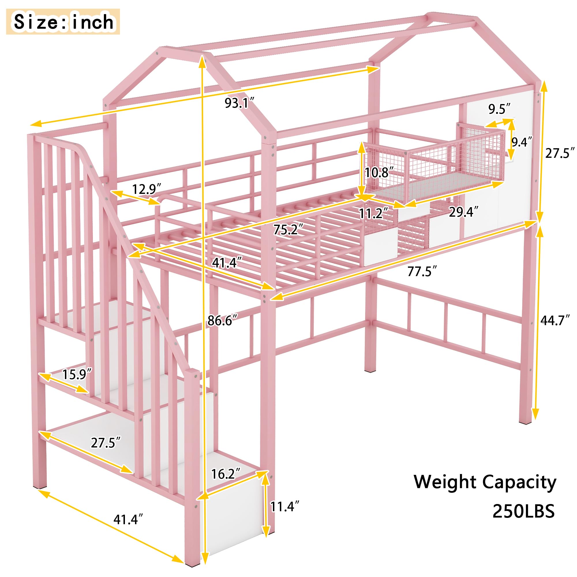 Twin Loft Bed with Stairs, Roof, Window and Full-Length Guardrail, House Loft Bed/Heavy Duty Metal Loft Bed with Storage Box and Storage Stairs, Pink Loft Bed Twin Size