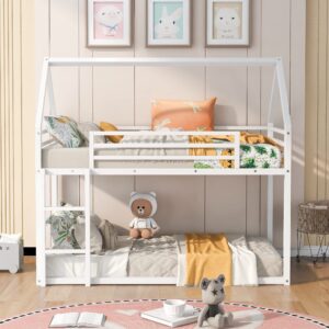 Bunk Bed Twin Over Twin Junior Metal Floor Bunk Bed with Ladder, House Shaped Bunk Bed Frame for Kids Boys Girls, No Box Spring Needed