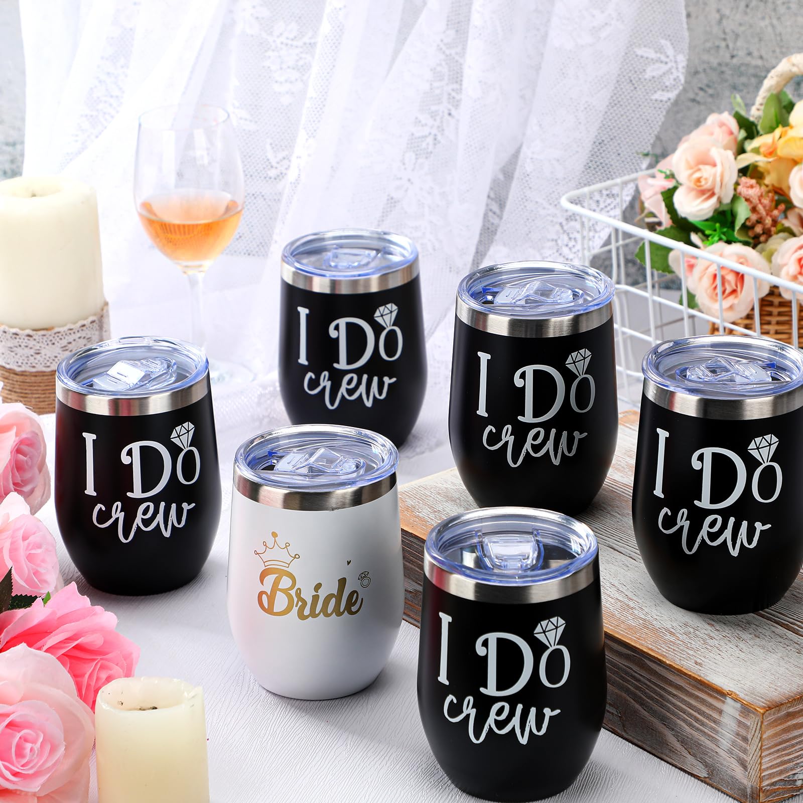 Sunnychicc 6 Pcs Bridesmaid Wine Tumblers I Do Crew and Bride Bachelorette Party Tumbler Bridal Party Proposal Gifts 12oz Tumbler Bachelorette Gifts for Bridal Bridesmaids(White and Black)