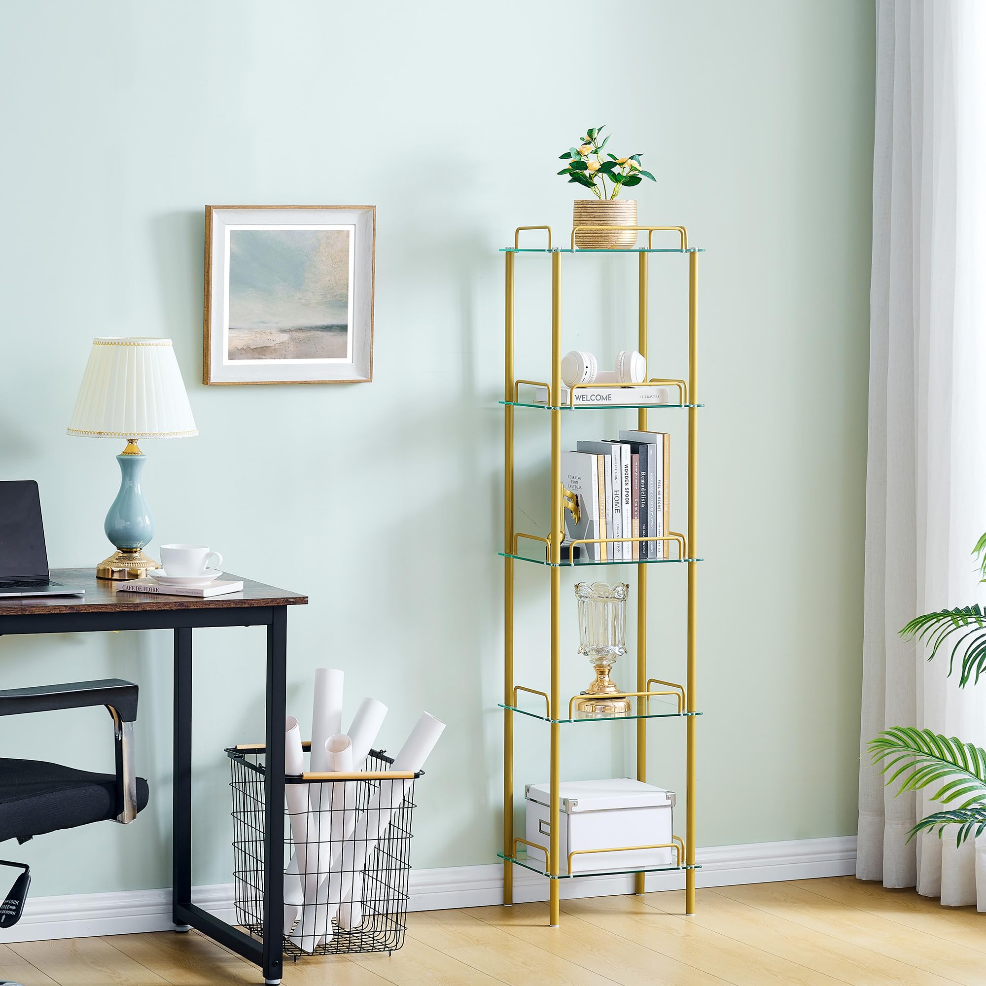 FAVOOSTY 5-Tier Bookcase, Tempered Glass Bookshelves, Narrow Bookshelf for Small Spaces, Storage Rack Display Shelf Slim Shelving Unit for Living Room, Bedroom, Bathroom, Entryway, Office, Golden