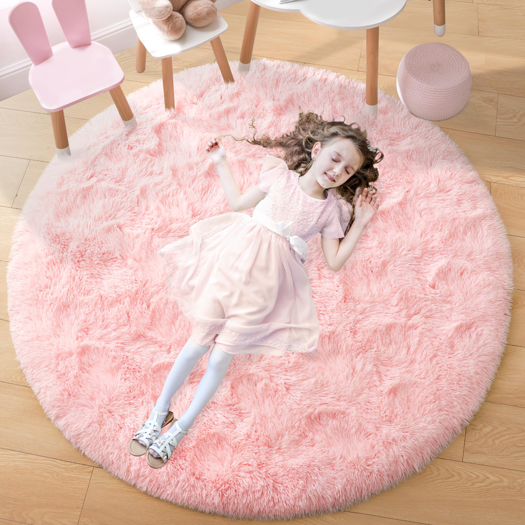 Noahas Fluffy Round Rug 4Ft,Pink Rugs for Bedroom Girls,Fuzzy Rug for Kids Room,Shaggy Bedroom Carpet,Circle Shag Area Rug,Soft Nursery Rug,Room Decor Aesthetic