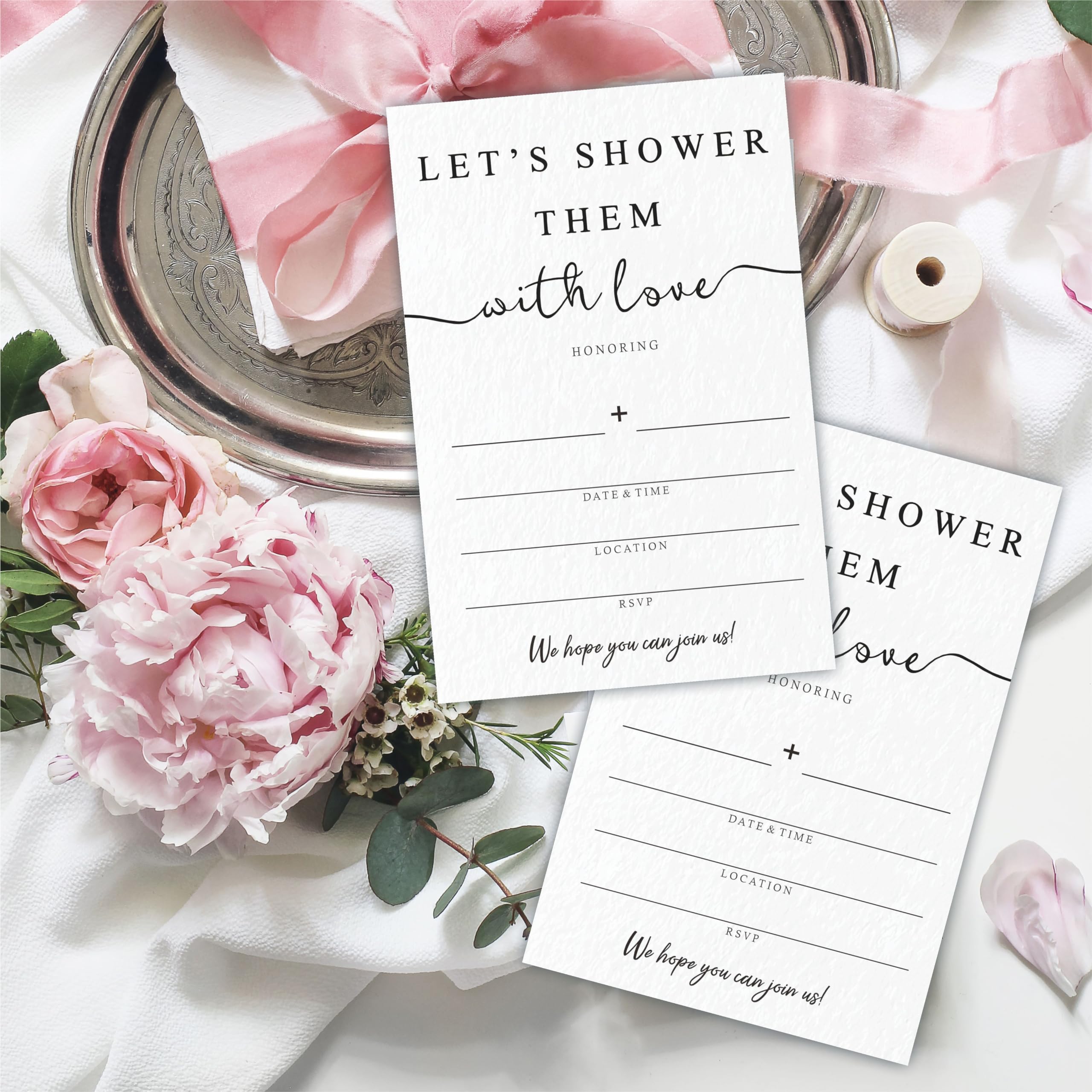 25 Bridal Shower Invitation With Envelopes - Let's Shower Them With Love - Classic Minimalism White Fill In Style Invitations For New Couples, Mr And Mrs, Newlyweds Invites, Party Favor & Supplies-A01