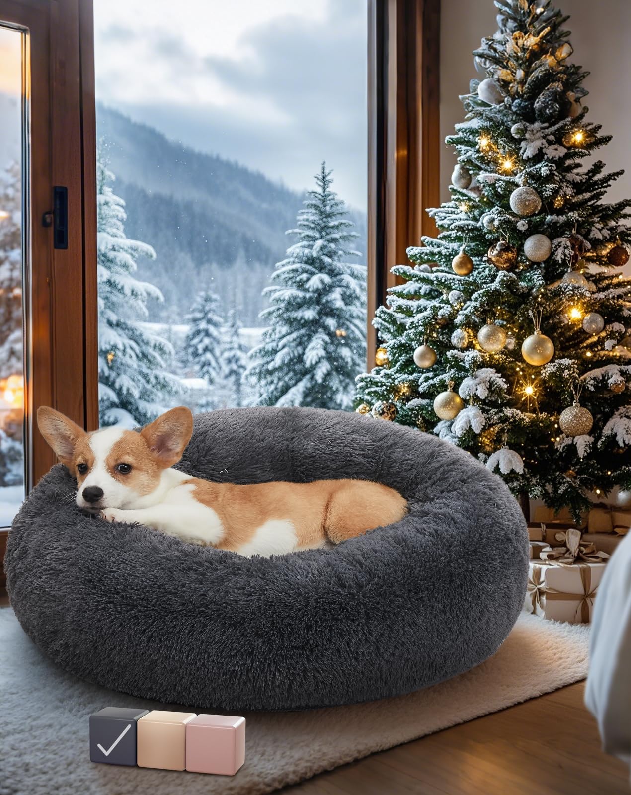 OhGeni Calming Donut Dog & Cat Bed, Machine Washable Plush Warming Bed, Anti-Slip Round Cuddle Comfort Pet Bed, Cozy Fluffy Faux Fur Bed for Small Medium Dogs, Gray, 23 inches