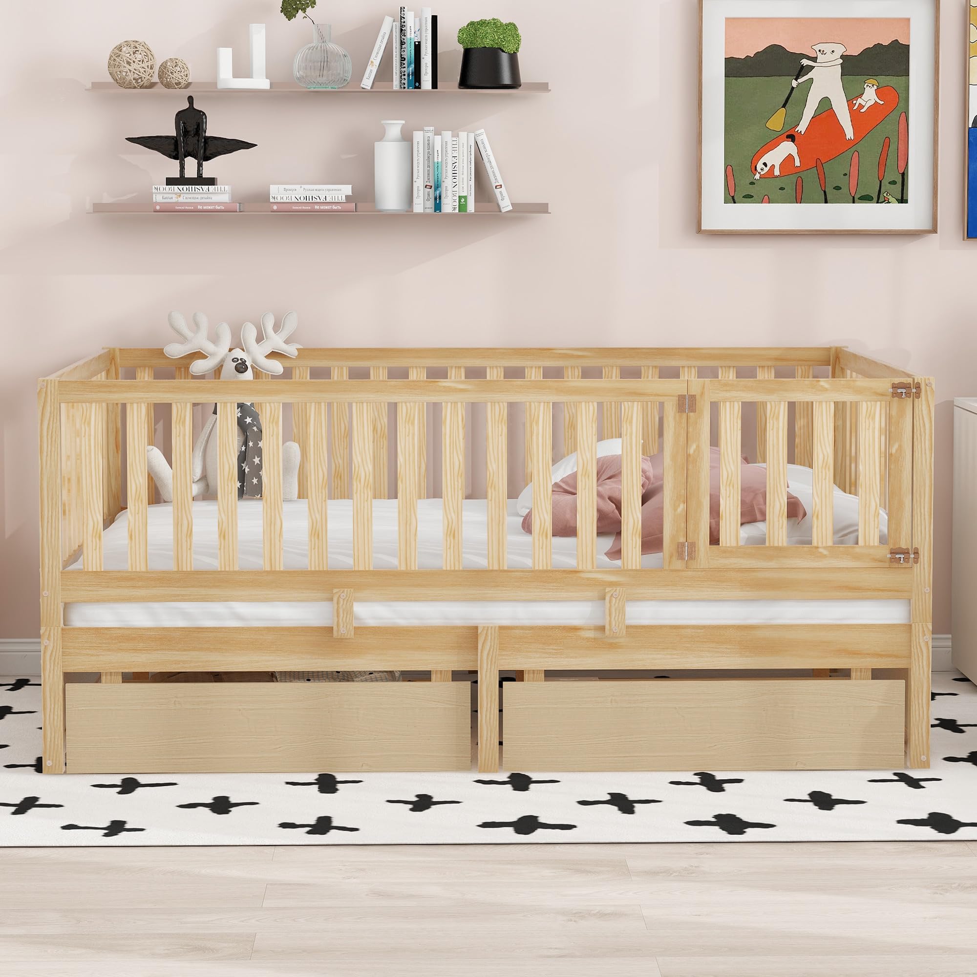 HomSof Full Size Wood Daybed with Fence Guardrails and 2 Drawers, Split into Independent Floor Bed & Daybed, Natural