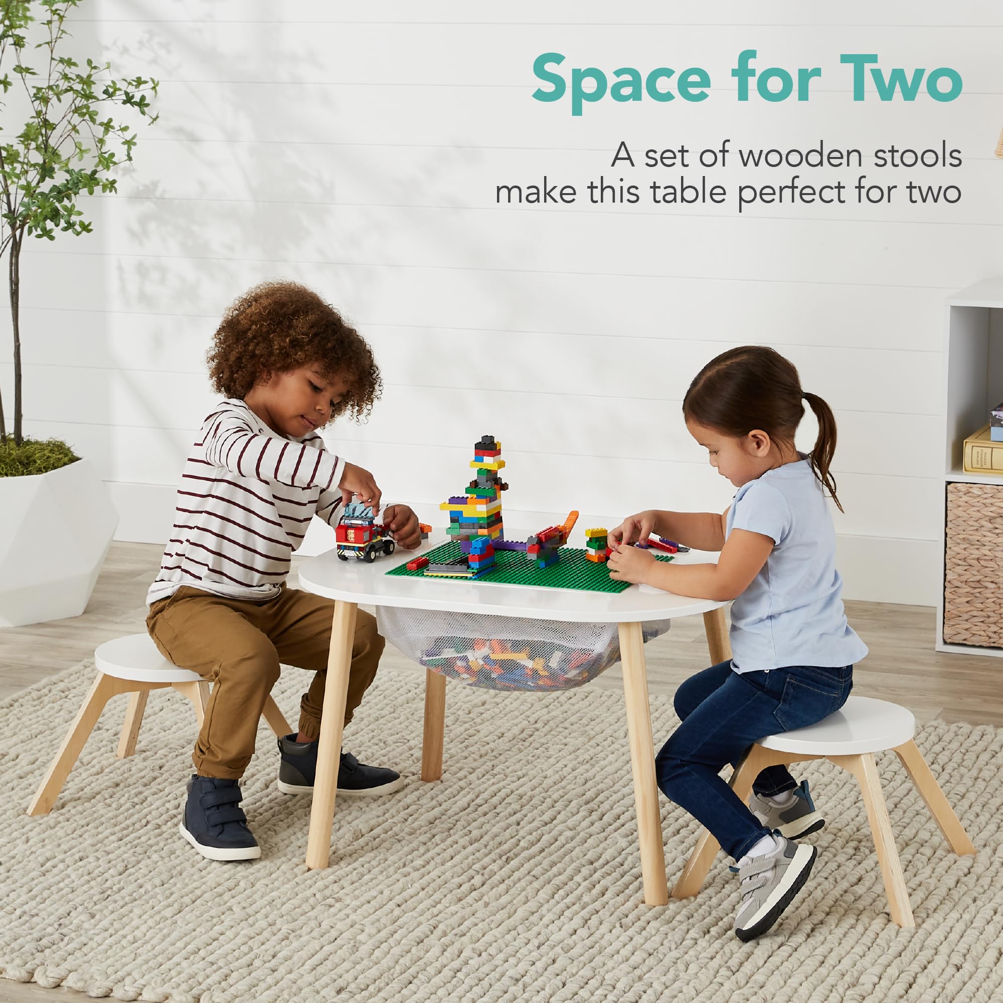 Best Choice Products 2-in-1 Kid's Wooden Building Block Table, Construction Activity Center for Playroom, Child Development w/Reversible Tabletop, 2 Stools, Storage Compartment