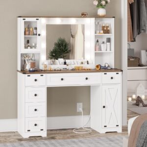 DICTAC Makeup Vanity Desk with Mirror and Lights, Farmhouse Vanity Table with Charging Station, 43'' Bedroom Dressing Table with 6 Drawers & 2 Cabinets, 3 Color Lighting Modes, White