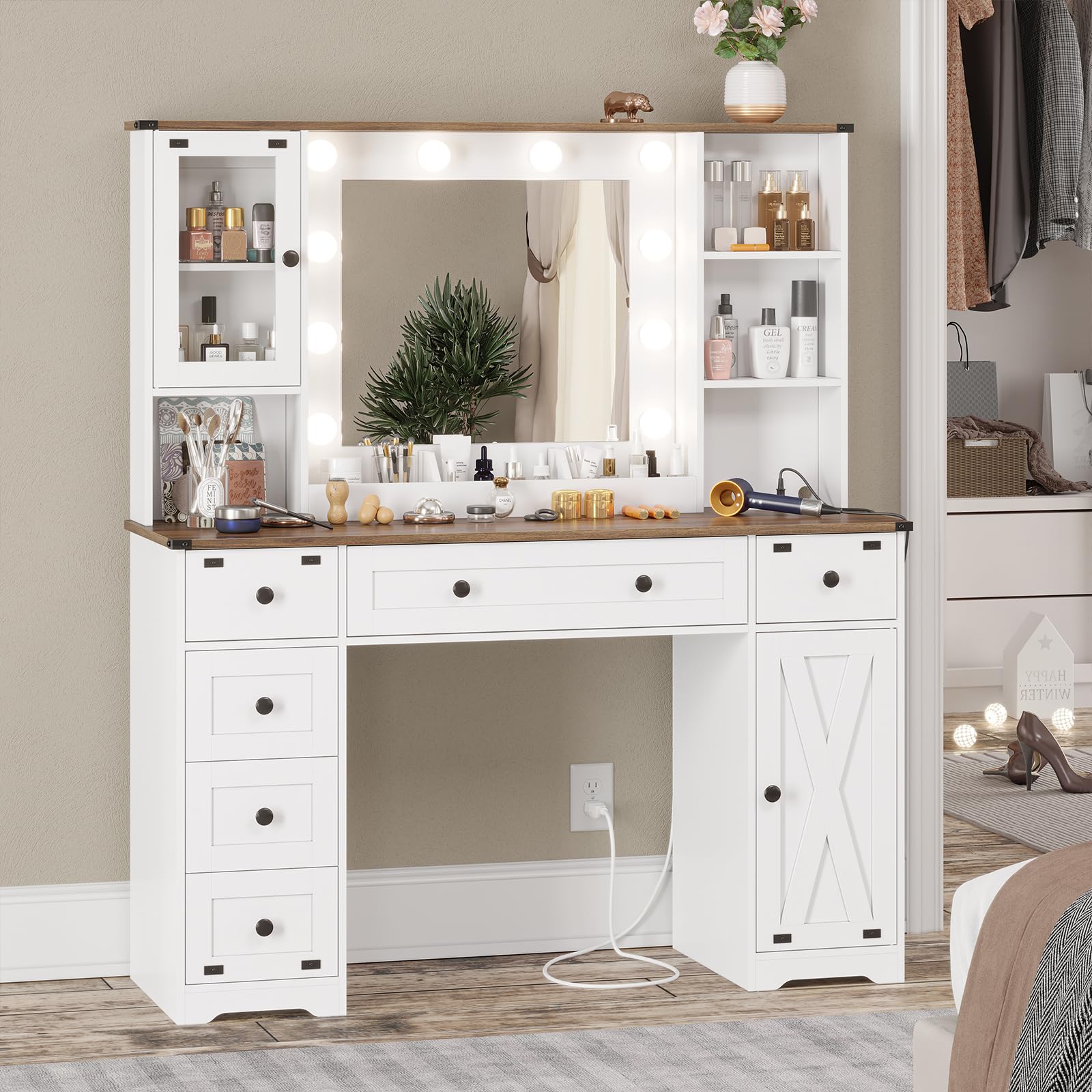 DICTAC Makeup Vanity Desk with Mirror and Lights, Farmhouse Vanity Table with Charging Station, 43'' Bedroom Dressing Table with 6 Drawers & 2 Cabinets, 3 Color Lighting Modes, White