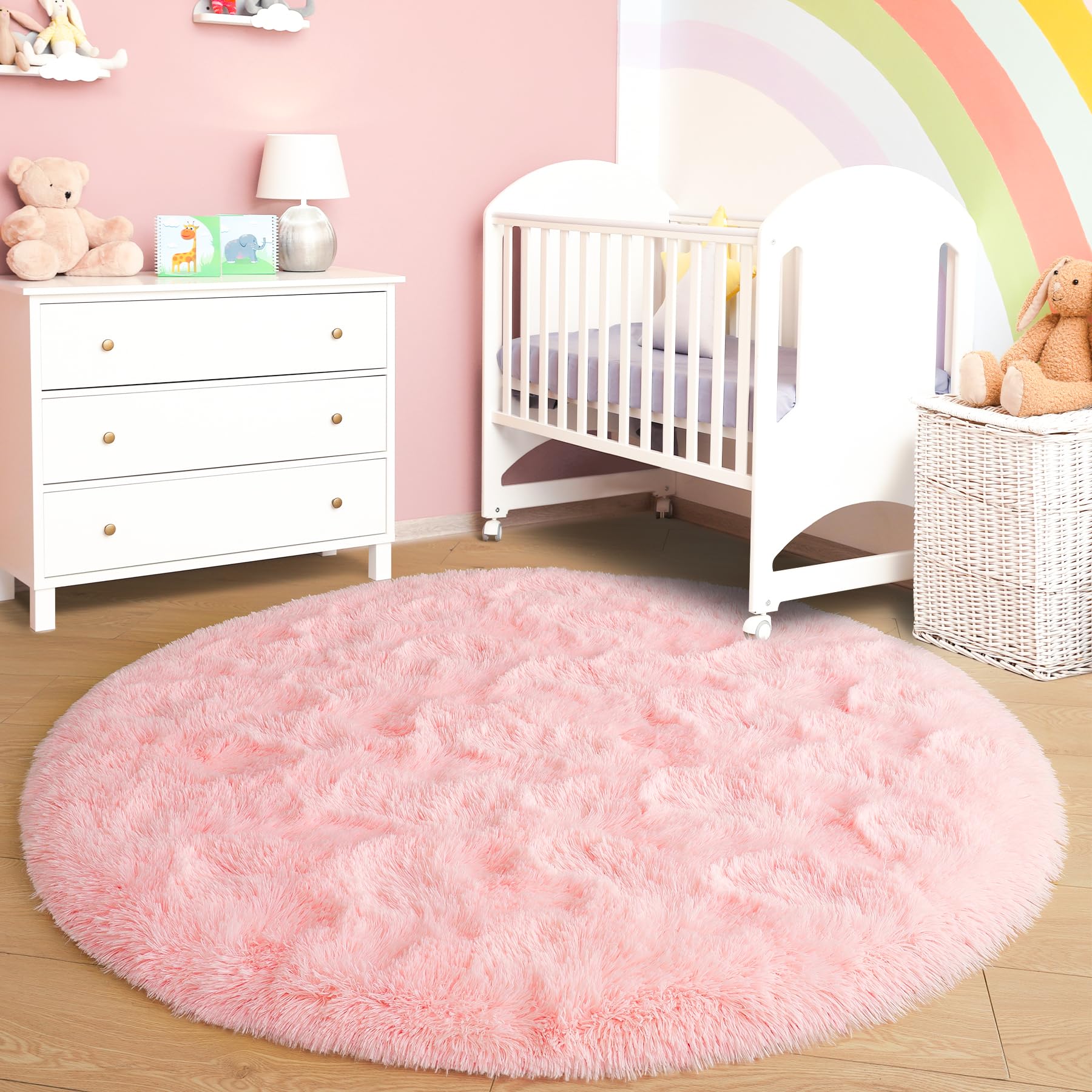 Noahas Fluffy Round Rug 4Ft,Pink Rugs for Bedroom Girls,Fuzzy Rug for Kids Room,Shaggy Bedroom Carpet,Circle Shag Area Rug,Soft Nursery Rug,Room Decor Aesthetic