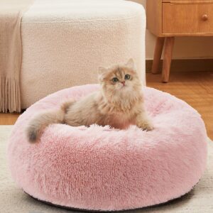 OhGeni Calming Donut Dog & Cat Bed, Machine Washable Plush Warming Bed, Anti-Slip Round Cuddle Comfort Pet Bed, Cozy Fluffy Faux Fur Bed for Small Dogs, Pink, 20 inches