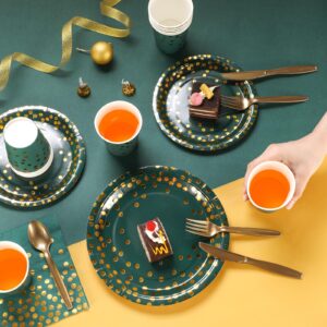 Tegeme 256 Pcs Dark Green and Gold Party Supplies Christmas Paper Plates Napkins Cups Gold Dot Disposable Tablecloths Plastic Forks Knives Spoon Serve 36 Guest for Birthday Graduation Party Decoration