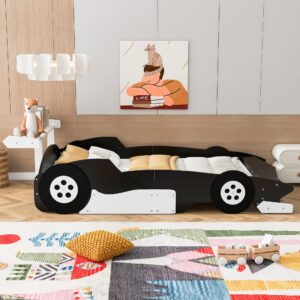 Merax Full Size Race Car Bed Frame for Boys, Wood Car-Shaped Platform Bed with Wheels, Black