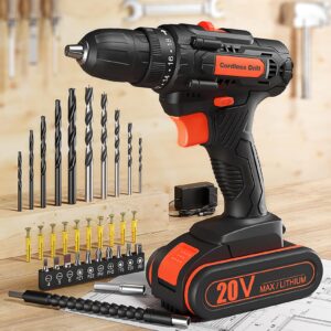 cordless drill 20v, drill set with 42pcs accessories and battery 2.0ah, electric drill 25+1 torque setting, 2 speed, 3/8" keyless chuck, led light, electric power drill for home diy and garden repair