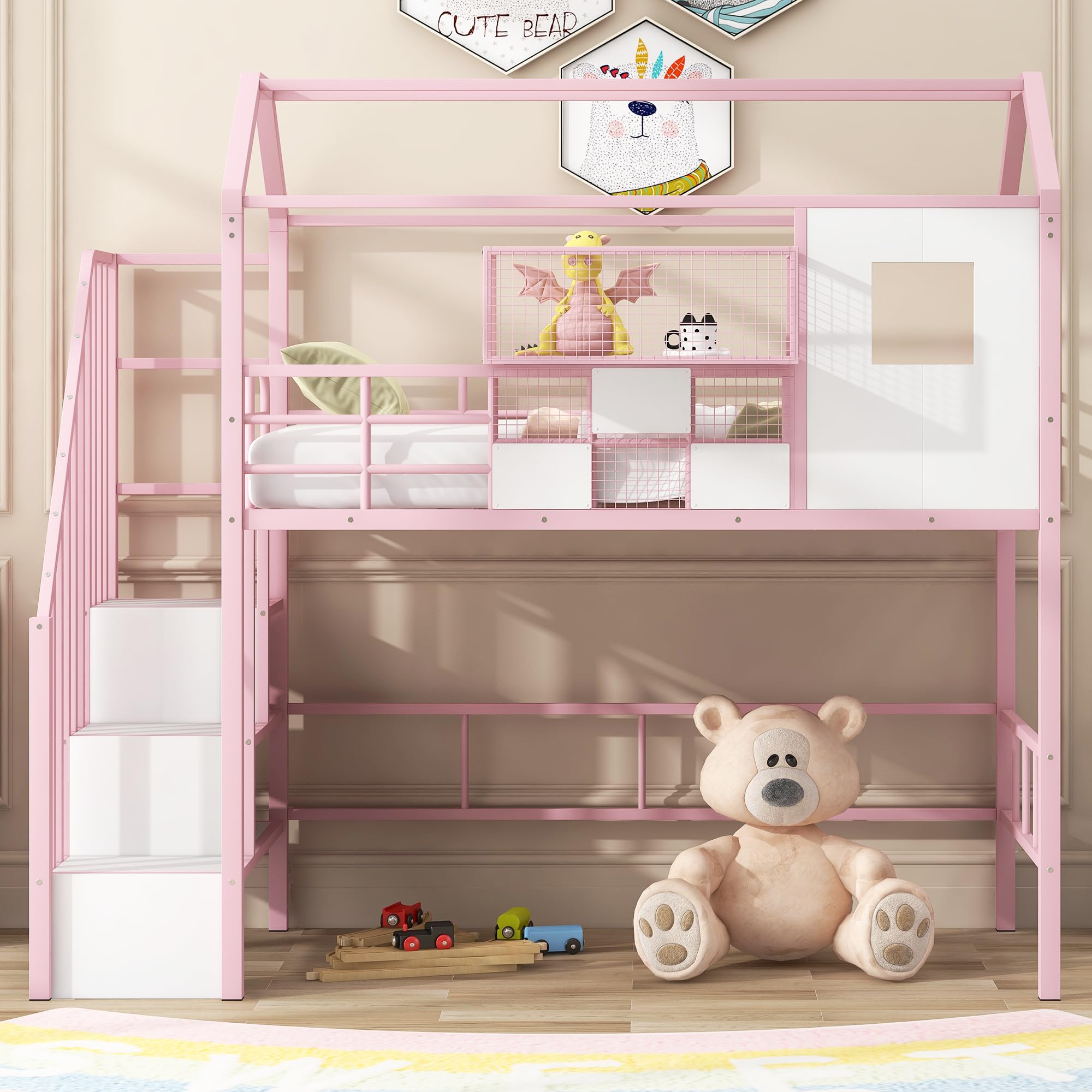 Twin Loft Bed with Stairs, Roof, Window and Full-Length Guardrail, House Loft Bed/Heavy Duty Metal Loft Bed with Storage Box and Storage Stairs, Pink Loft Bed Twin Size