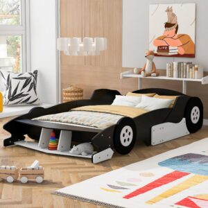 merax full size race car bed frame for boys, wood car-shaped platform bed with wheels, black