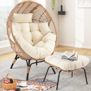 outplatio 2 pieces egg chair wicker patio egg chair with ottoman rattan teardrop cuddle cocoon chair for indoor outdoor bedroom porch backyard deck garden (2 pcs,beige)