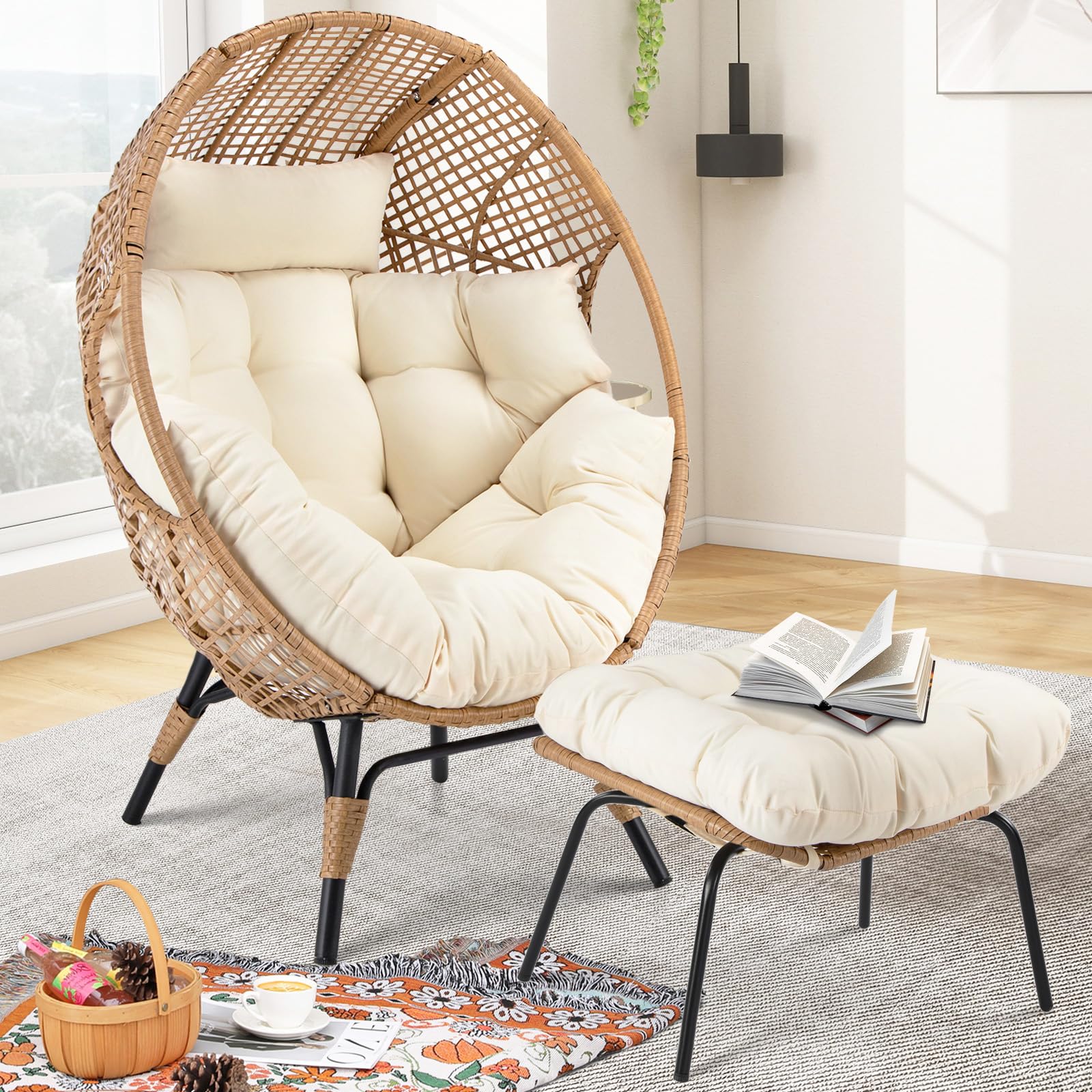 OUTPLATIO 2 Pieces Egg Chair Wicker Patio Egg Chair with Ottoman Rattan Teardrop Cuddle Cocoon Chair for Indoor Outdoor Bedroom Porch Backyard Deck Garden (2 pcs,Beige)