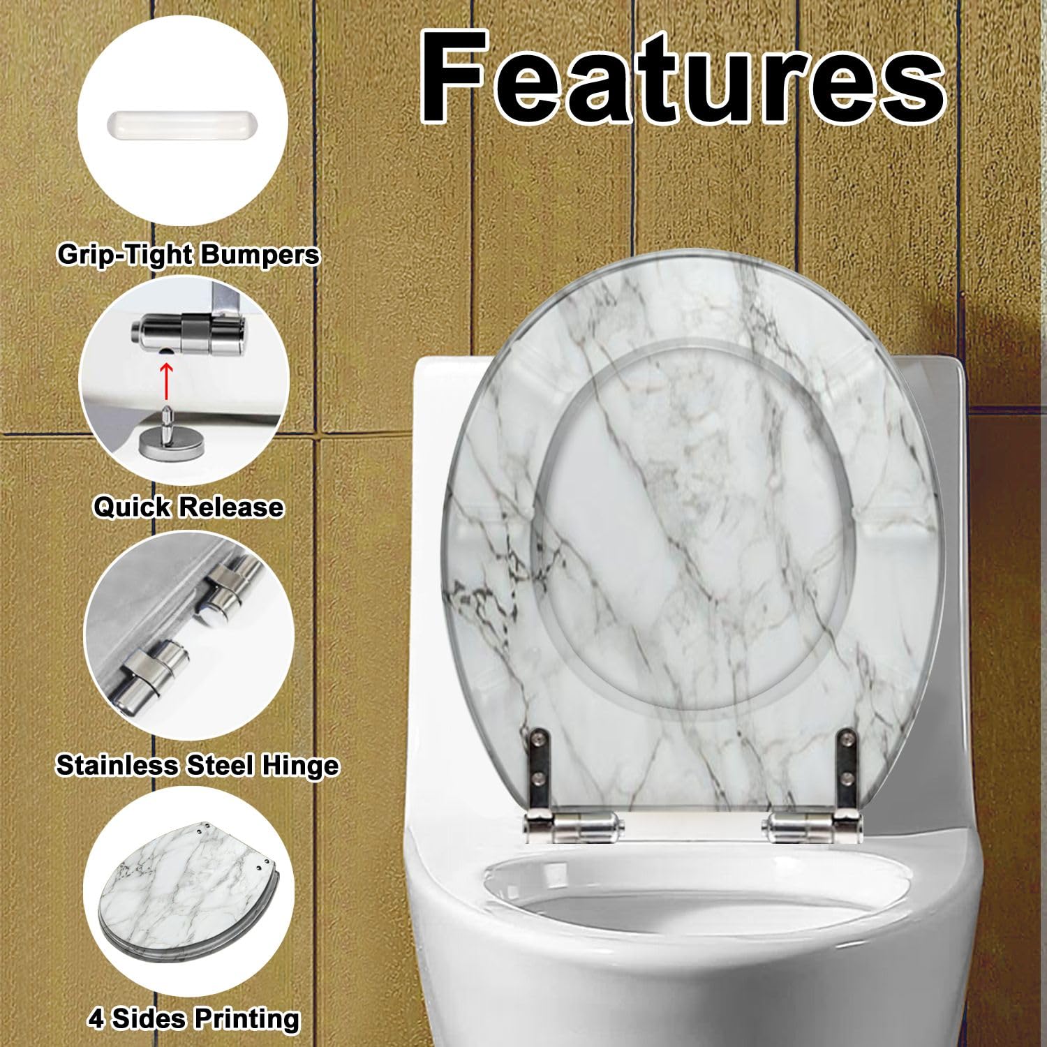 Round Toilet Seat natural White marble texture Creative Stone Resin Toilet Seat with Quietly Close Quick Release Hinges Decorative Toilet Seat with Cover Easy to Clean and Install