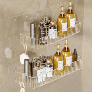 veefos 2 pack hanging shower caddy wall mounted, clear storage bathroom shelf shower organizer, self-adhesive floating shelves wall makeup organizer basket, no drilling