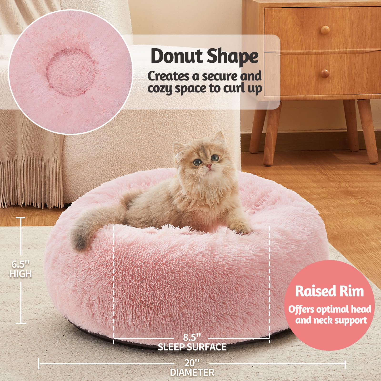 OhGeni Calming Donut Dog & Cat Bed, Machine Washable Plush Warming Bed, Anti-Slip Round Cuddle Comfort Pet Bed, Cozy Fluffy Faux Fur Bed for Small Dogs, Pink, 20 inches