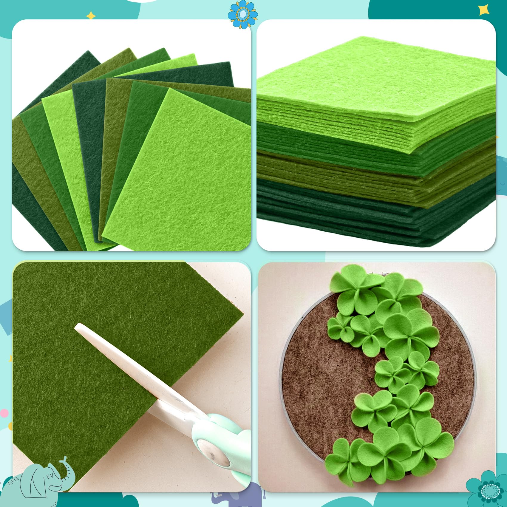 Hlonon 40Pcs Green Felt Fabric Sheets, 4 x 4 Inch Pre-Cut Felt Sheet for DIY Crafts Sewing Patchwork Art Projects, 4 Colors