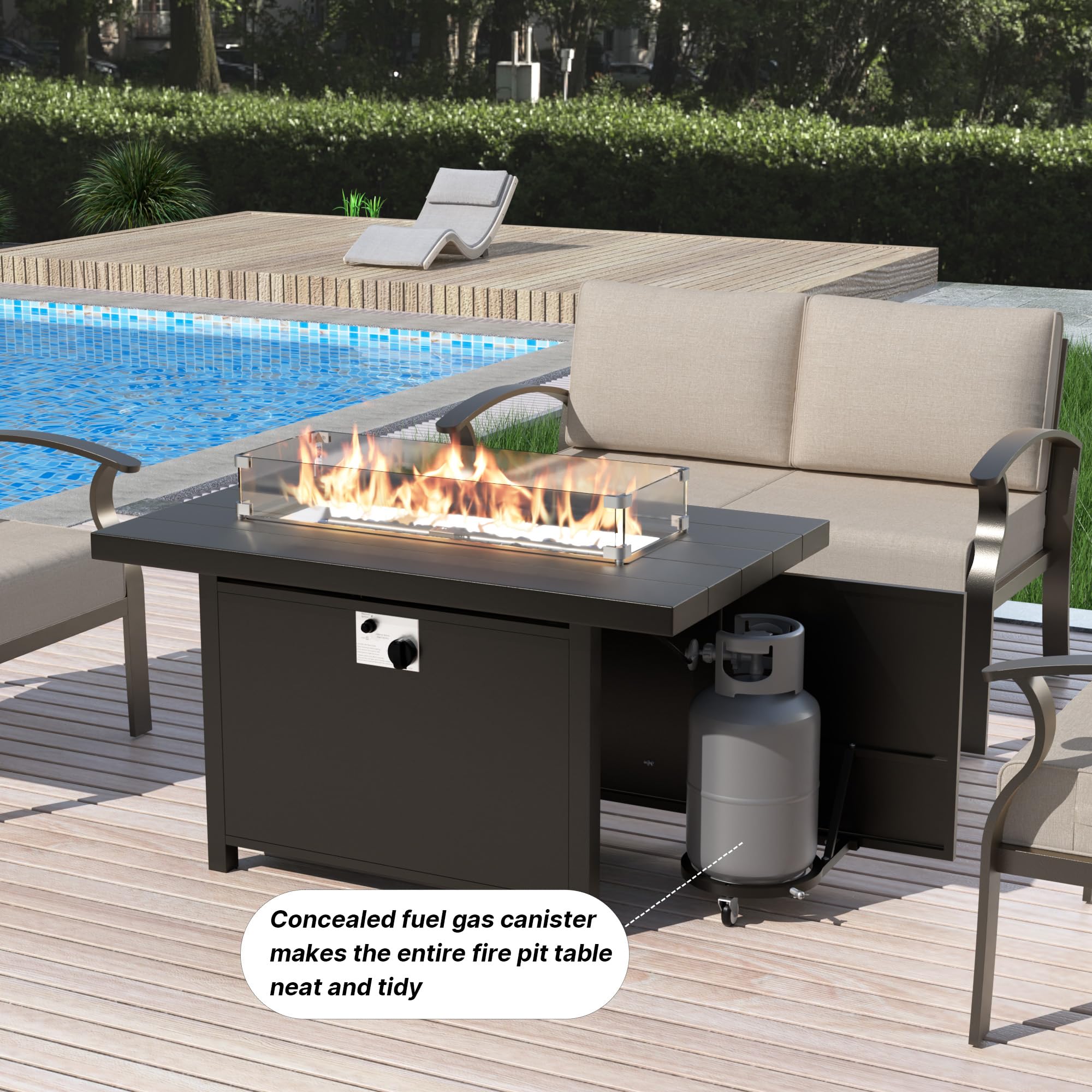 Gotland 6 Seats Outdoor Metal Patio Furniture Set with 55,000 BTU Gas Fire Pit Table w/Glass Wind Guard Patio Conversation Sectional Sofa Sets-Khaki