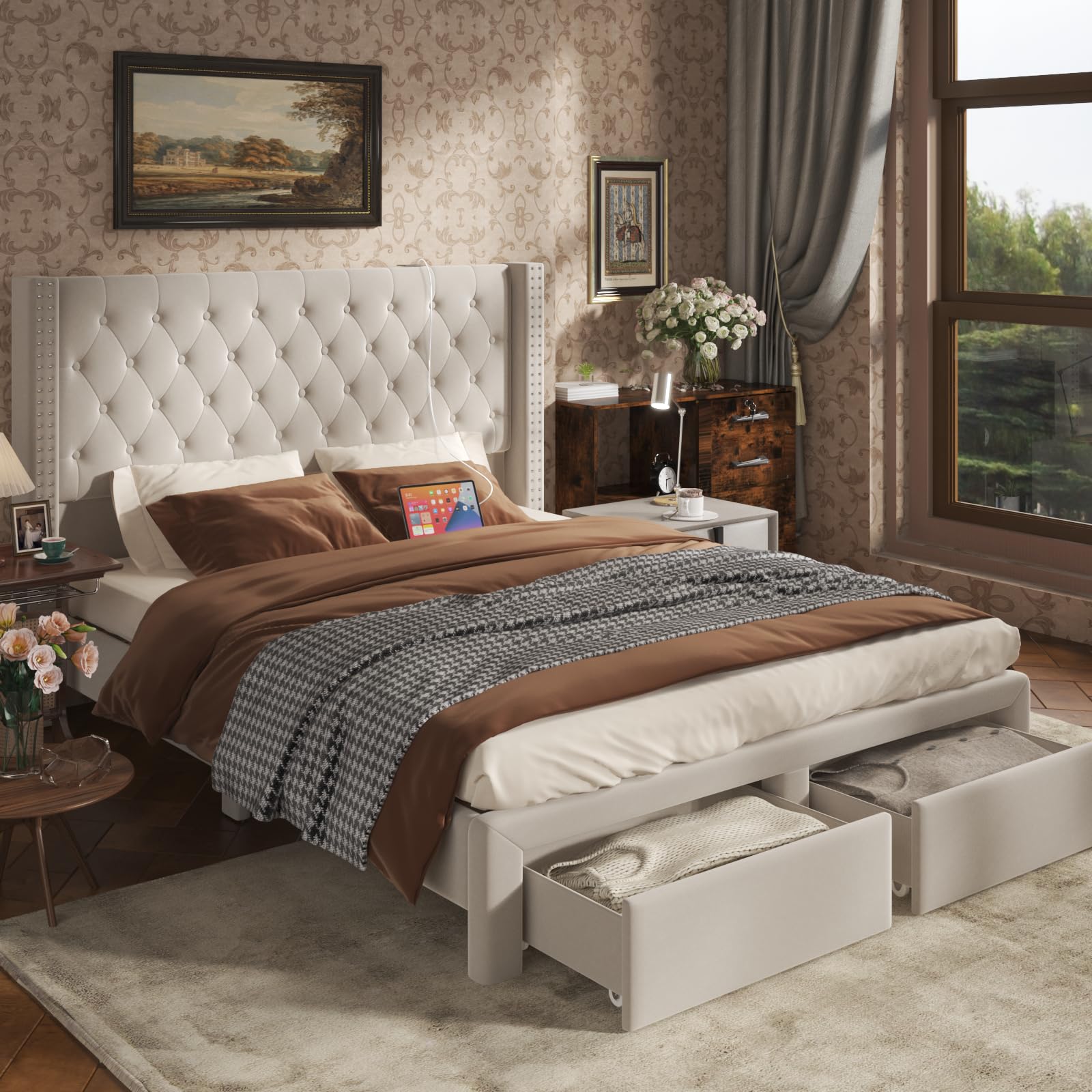 CIKUNASI Velvet Upholstered Bed Frame Queen with Headboard and Storage, Tall Bed Frame with 2 Drawers, Tufted Wingback Bed Frame Queen Size LED Light, Charging Station, No Box Spring Needed, Cream