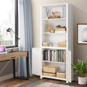 SEJOV Bookshelf 5 Tier Tall Bookcase with Doors Storage and 3-Tier Open Shelves Wood Farmhouse Bookshelves Cabinet Organizer for Living Room, Study, Kitchen, Home Office, White