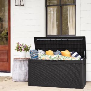 Flamaker Deck Box with Cushion 100 Gallon Waterproof Resin Storage Box with Air Rod Indoor Outdoor Lockable Storage Bench for Patio Furniture, Tools, Pool Accessories (Black)