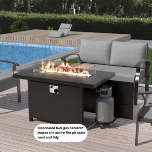 Gotland 6 Seats Outdoor Metal Patio Furniture Set with 55,000 BTU Gas Fire Pit Table w/Glass Wind Guard Patio Conversation Sectional Sofa Sets-Grey