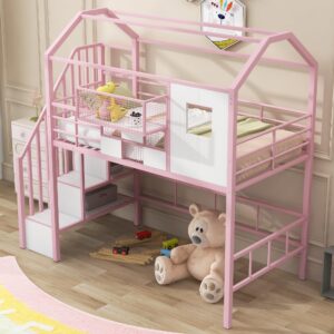 Twin Loft Bed with Stairs, Roof, Window and Full-Length Guardrail, House Loft Bed/Heavy Duty Metal Loft Bed with Storage Box and Storage Stairs, Pink Loft Bed Twin Size