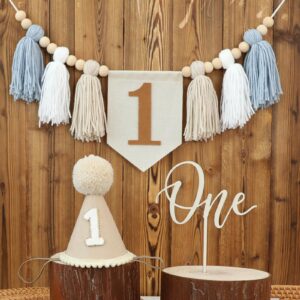 1st birthday highchair banner decorations for first boys khaki cone hat with one cake topper photo backdrop