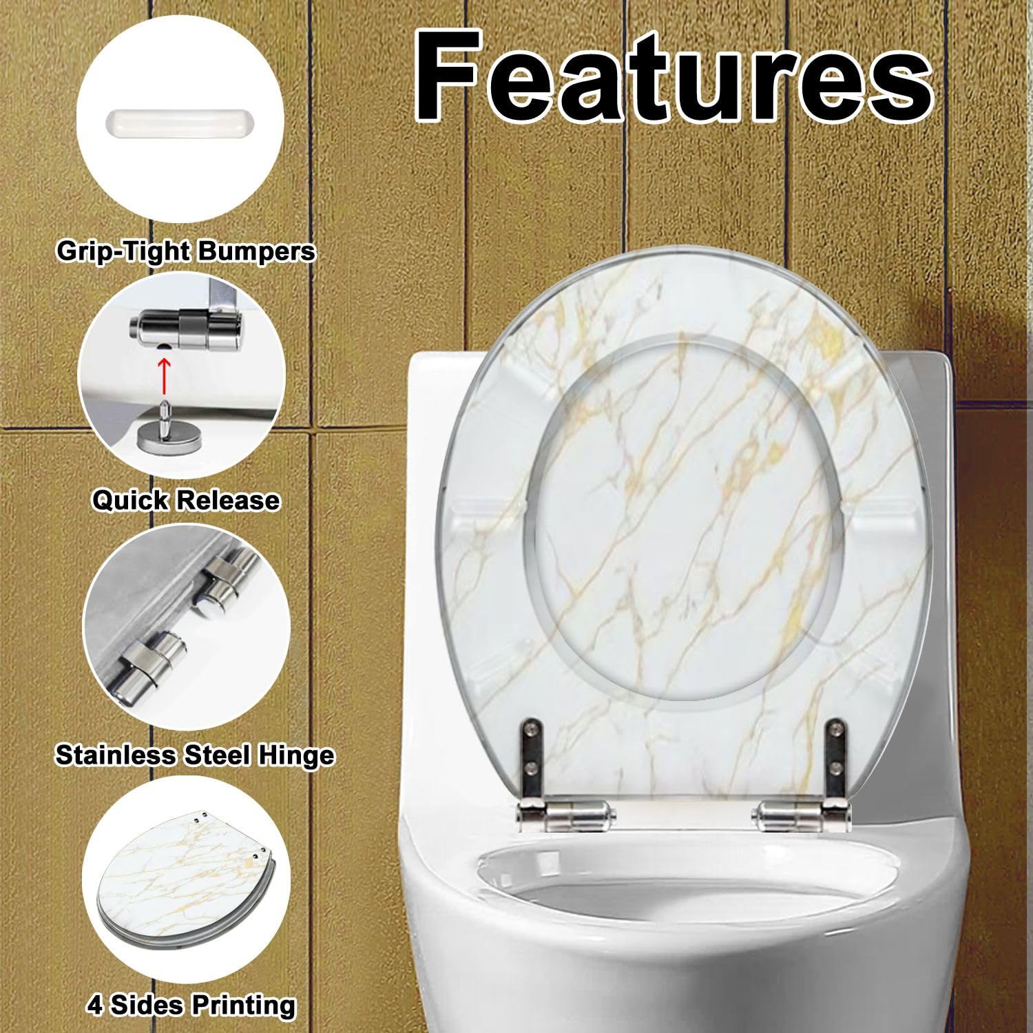 Round Toilet Seat white marble stone texture decorative Resin Toilet Seat with Quietly Close Quick Release Hinges Decorative Toilet Seat with Cover Easy to Clean and Install