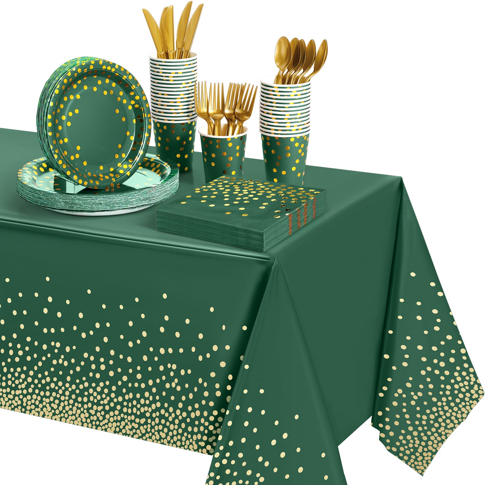 Tegeme 256 Pcs Dark Green and Gold Party Supplies Christmas Paper Plates Napkins Cups Gold Dot Disposable Tablecloths Plastic Forks Knives Spoon Serve 36 Guest for Birthday Graduation Party Decoration