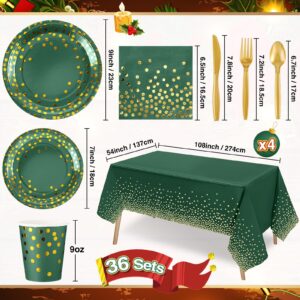 Tegeme 256 Pcs Dark Green and Gold Party Supplies Christmas Paper Plates Napkins Cups Gold Dot Disposable Tablecloths Plastic Forks Knives Spoon Serve 36 Guest for Birthday Graduation Party Decoration