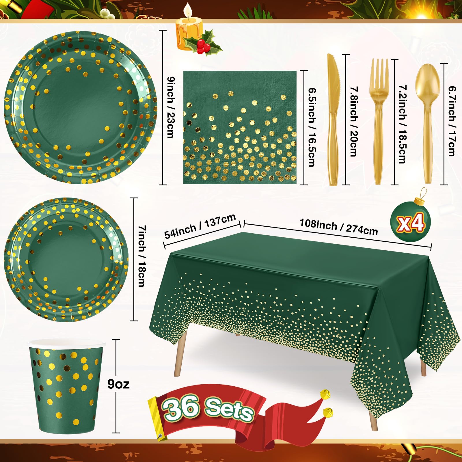 Tegeme 256 Pcs Dark Green and Gold Party Supplies Christmas Paper Plates Napkins Cups Gold Dot Disposable Tablecloths Plastic Forks Knives Spoon Serve 36 Guest for Birthday Graduation Party Decoration