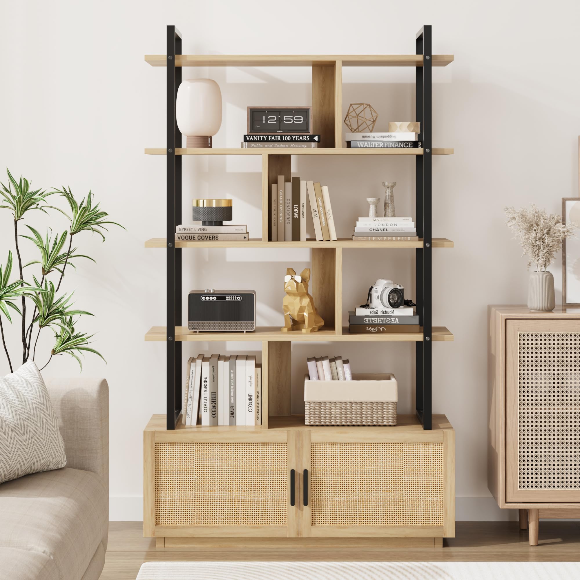 GAOMON 5 Tier Rattan Bookshelf with Storage Cabinet & Door, 71.1 Inch Tall Industrial Book Shelf with Open Display Shelves, 5 Shelf Bookcase with Metal Frame for Living Room, Bedroom -Burlywood