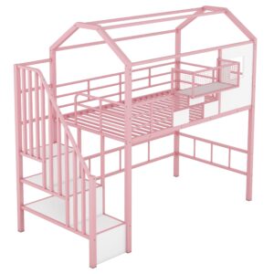 Twin Loft Bed with Stairs, Roof, Window and Full-Length Guardrail, House Loft Bed/Heavy Duty Metal Loft Bed with Storage Box and Storage Stairs, Pink Loft Bed Twin Size