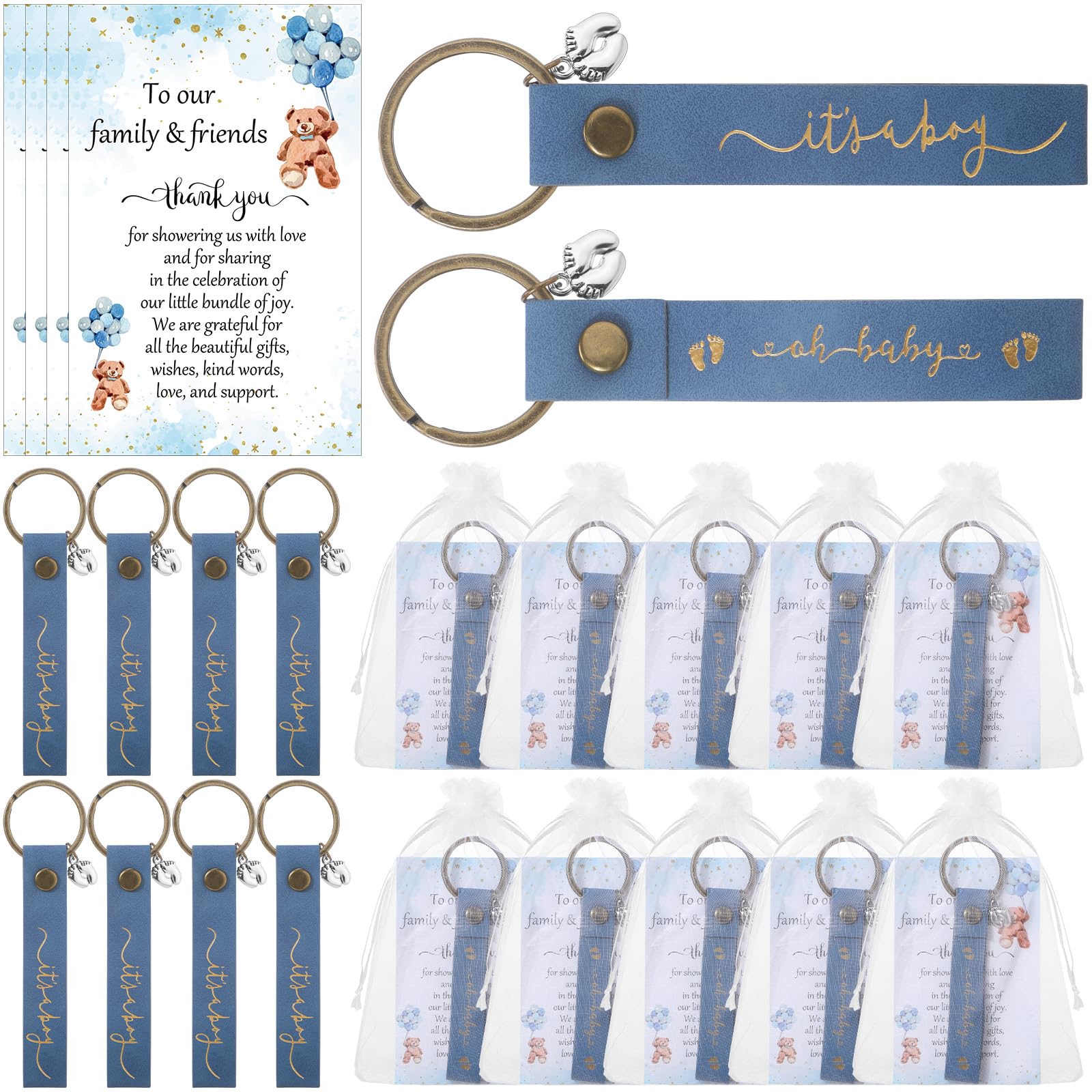 Ecally 50 Sets Baby Shower Favors for Guests PU Leather Keychain Bear Thank You Cards Organza Bags Gender Reveal Gifts (Blue, Boy Style)