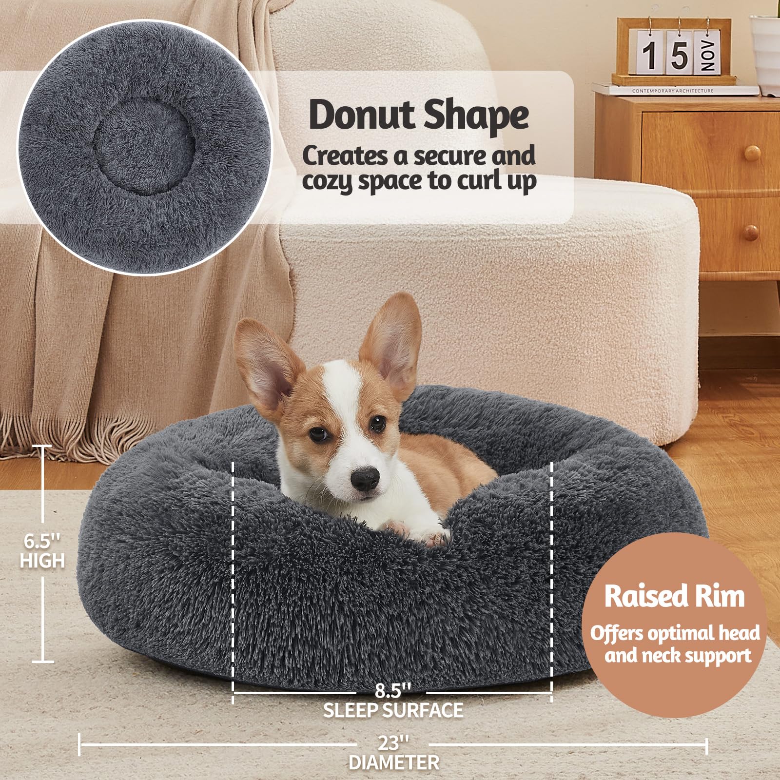 OhGeni Calming Donut Dog & Cat Bed, Machine Washable Plush Warming Bed, Anti-Slip Round Cuddle Comfort Pet Bed, Cozy Fluffy Faux Fur Bed for Small Medium Dogs, Gray, 23 inches