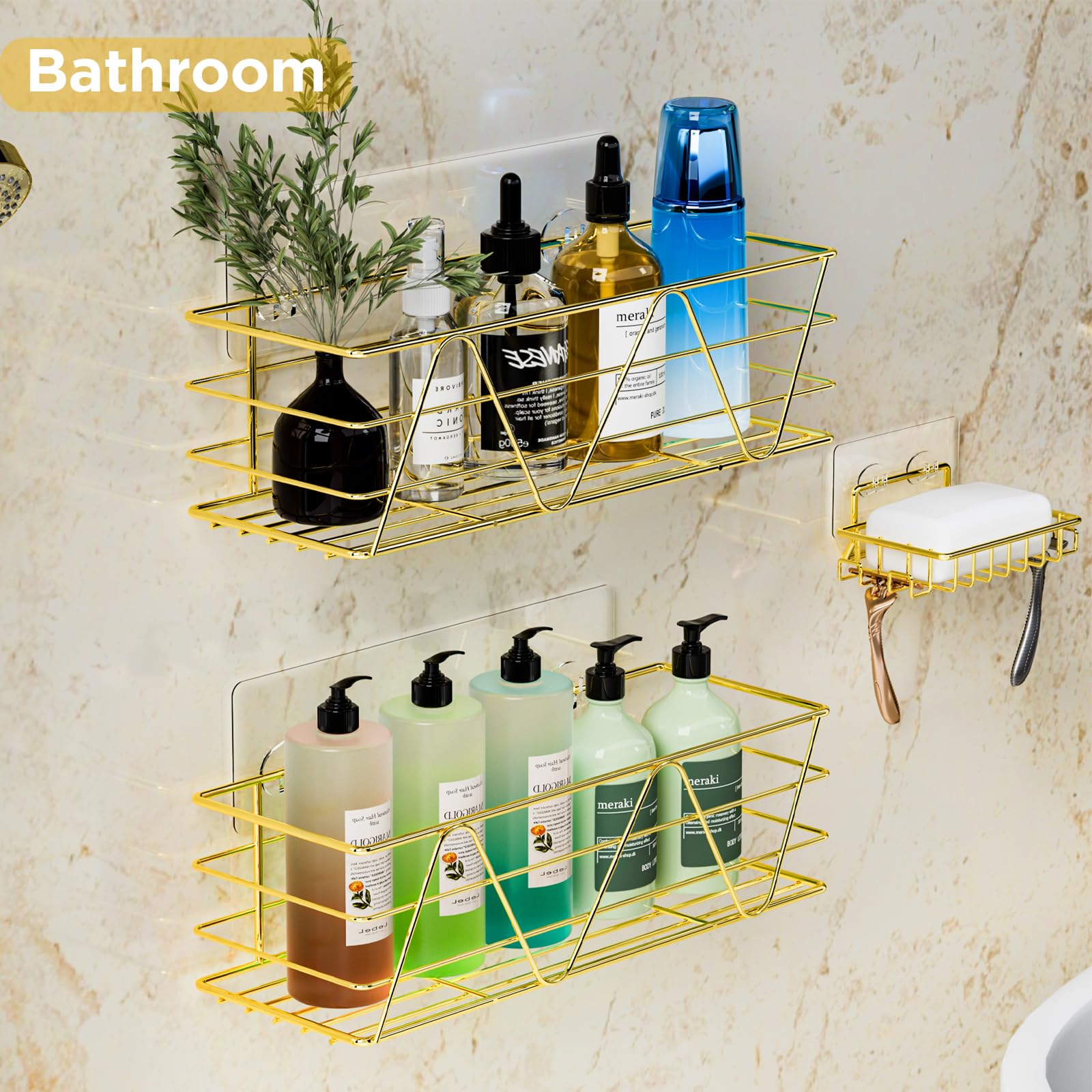 Carwiner Gold Shower Caddy Bathroom Shelves 3-Pack Basket with Soap Dish Holder, Stainless Steel Bathroom Organizer Shelf Rack Adhesive Shampoo Holder Wall Mounted for Kitchen