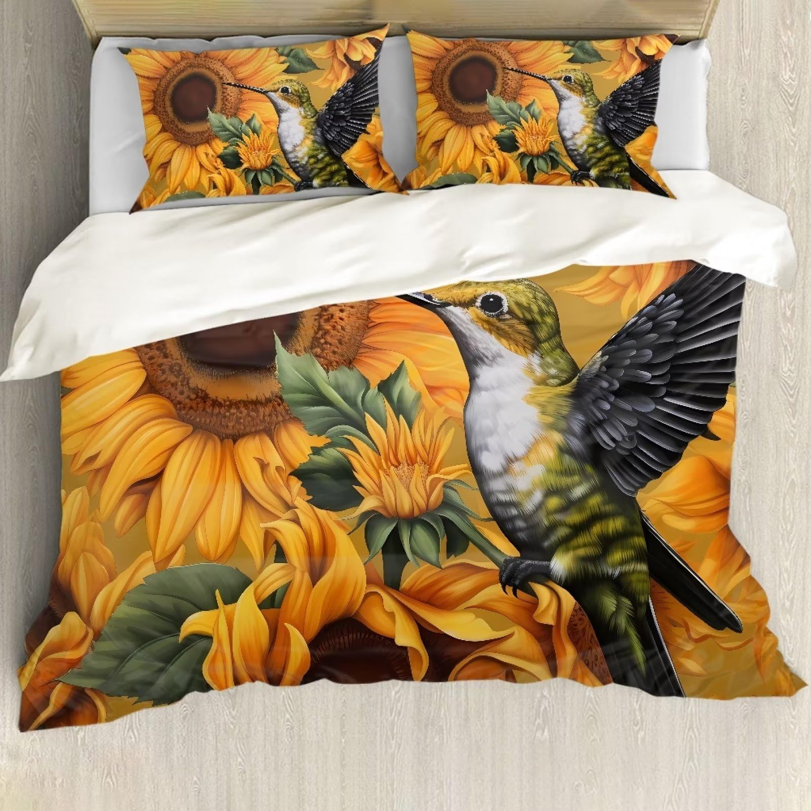 STUOARTE Hummingbird Sunflower Print Kids Duvet Cover with Zipper Closure, Soft Breathable Quilt Cover King Size, 3 Pieces Comforter Cover Set, Children Bedroom Decorations