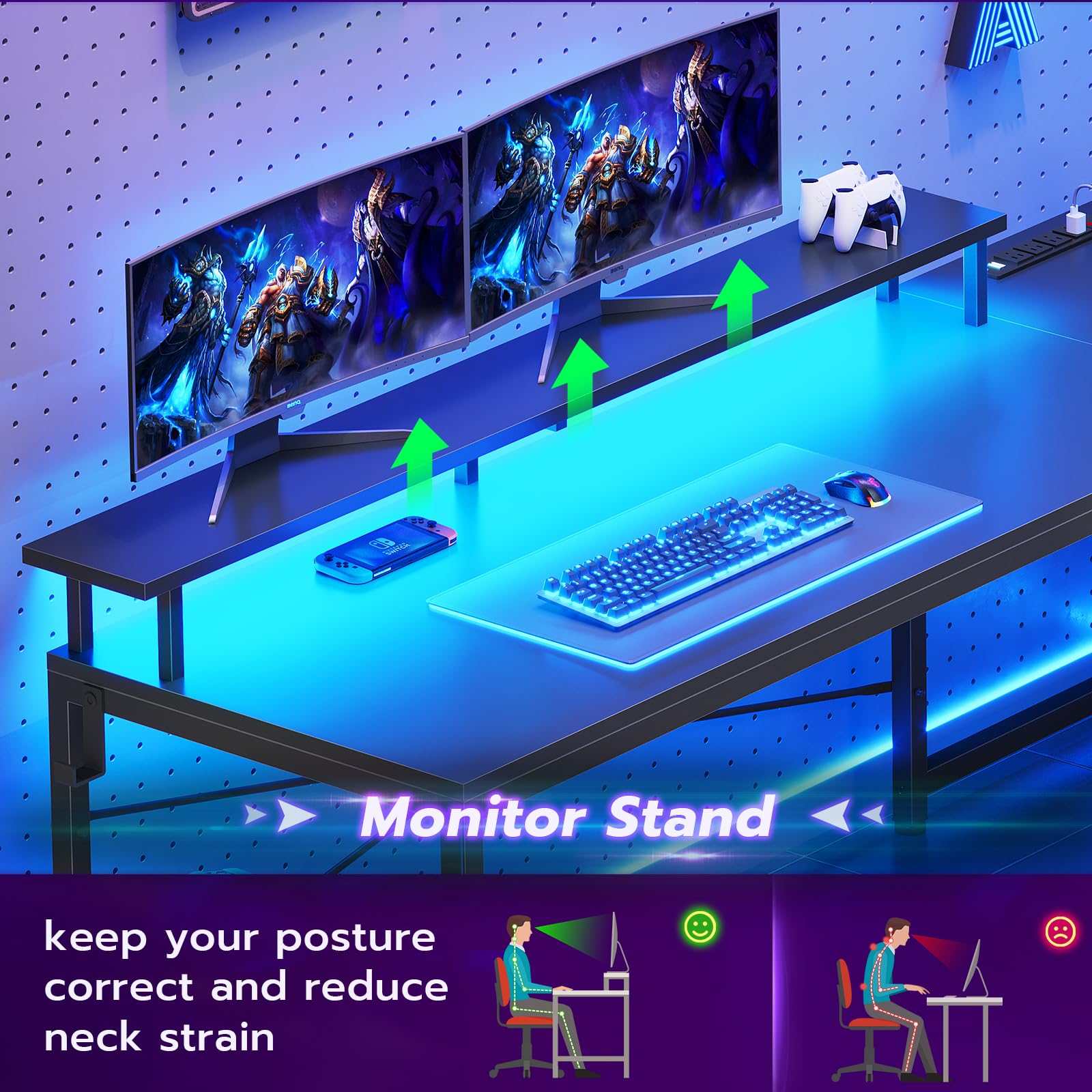 SEDETA L Shaped Gaming Desk, 51" Computer Desk with Storage Shelves, Gamer Desk with Power Outlets & LED Lights, Fabric Drawer, Monitor Stand and Hooks, Black