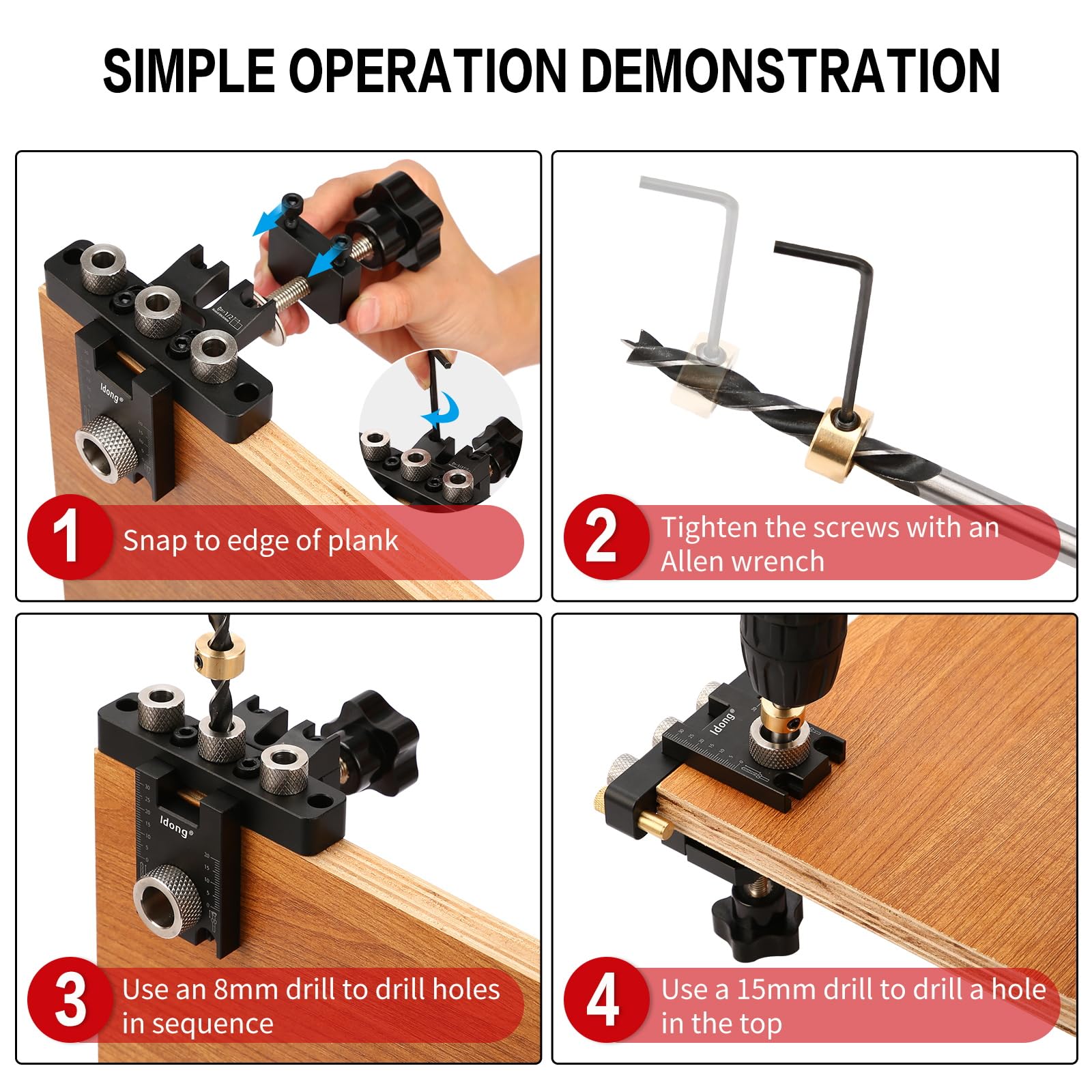 3-in-1 Pocket Hole Jig Kit for straight holes, 8/10/15 mm Pocket Hole Wooden Dowel Drilling Template Set with Positioning Clip Adjustable Drill Guide Puncher Locator (Self Centering Doweling Jig Kit)