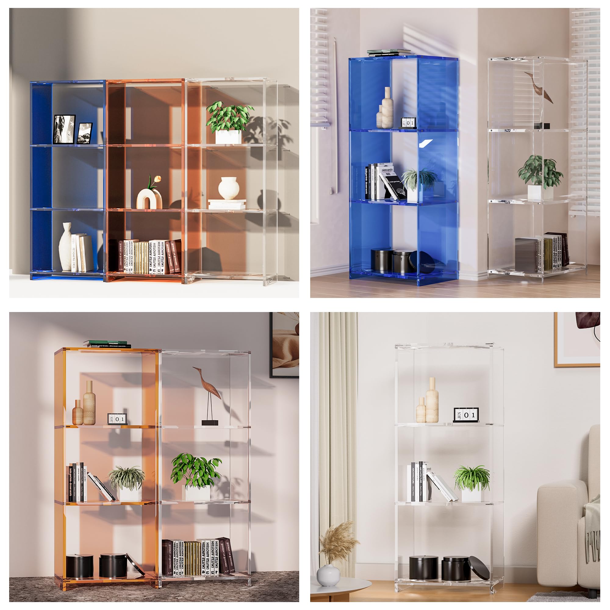 GOJLEX Clear Acrylic Bookcase, 3-Tier Floor Standing Bookshelf, 31.5” Sturdy Display Cube Storage Organizer High Transparency Open Book Shelf for Office, Living Room, Bedroom (11.85”L*9.1”W*31.5”H)